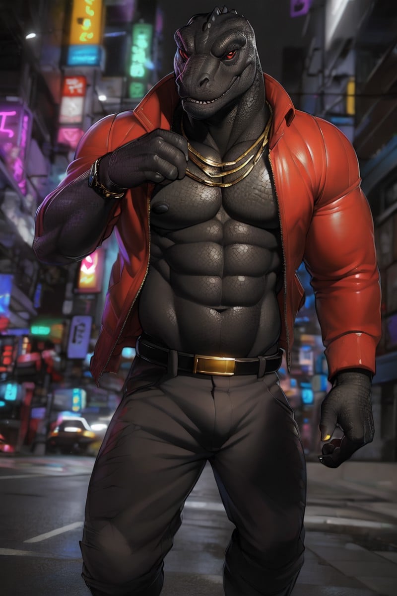 (by tojo the thief, by darkgem, by narse), thunder (fortnite), male, solo, black body, scales, komodo dragon, lizard, (tail), topwear, monitor lizard, anthro, red jacket, gold chain, tokyo, street, neon lights