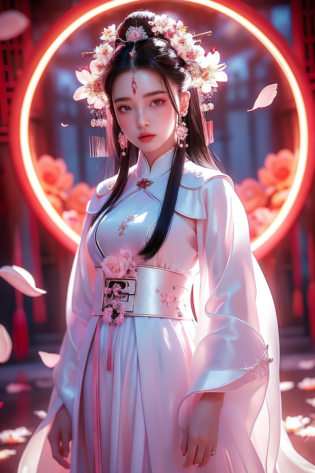 1girl,solo,the whole body,<lora:SAIBO_20240329193911:0.8>,forehead mark,jewelry,hair ornament,dress,black hair,long hair,facial mark,petals,white dress,earrings,upper body,looking at viewer,long sleeves,flower,falling petals,chinese clothes,light (照明艺术),