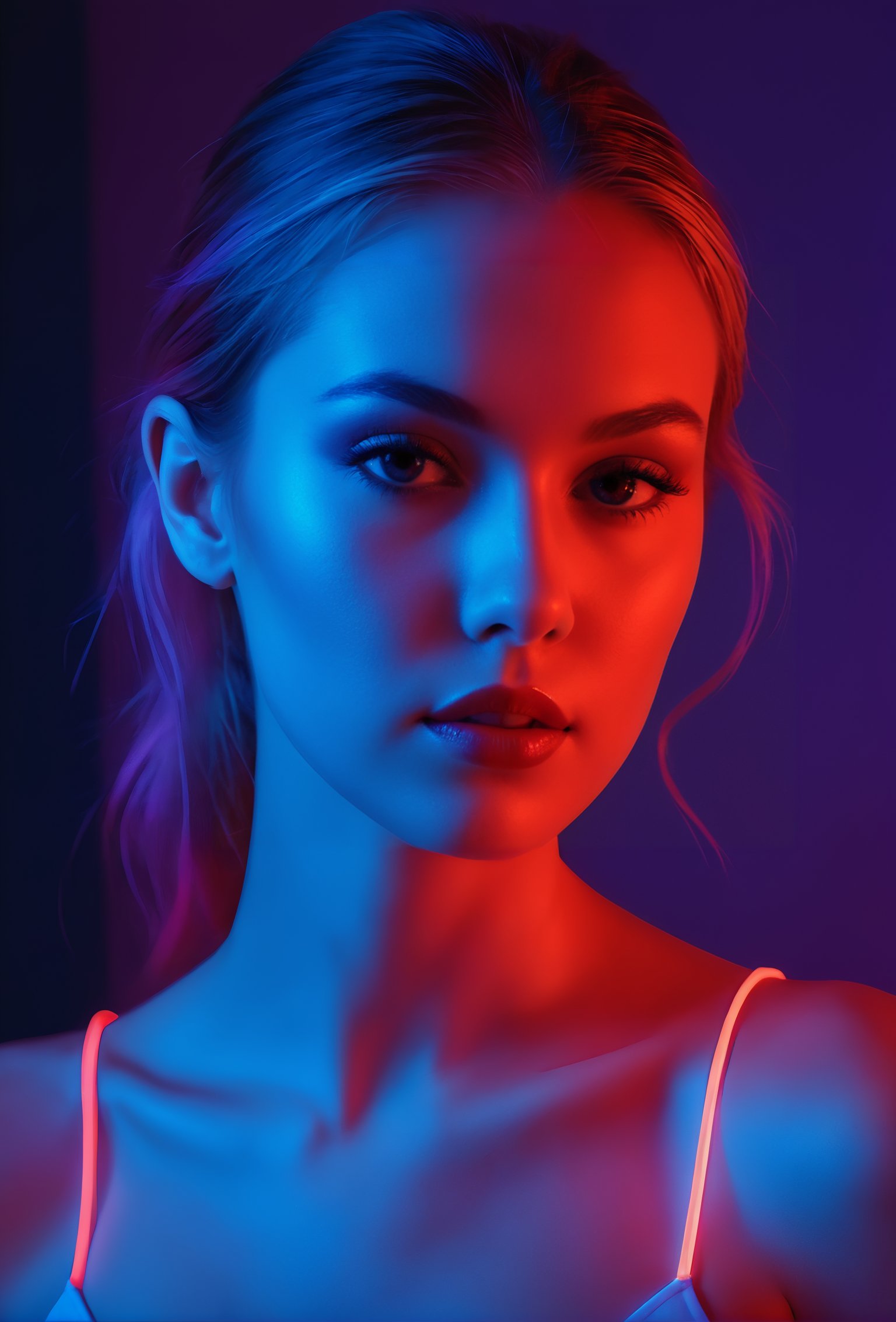 fashion photography, soft lighting, red blue and purple neon lights,  32k UHD     