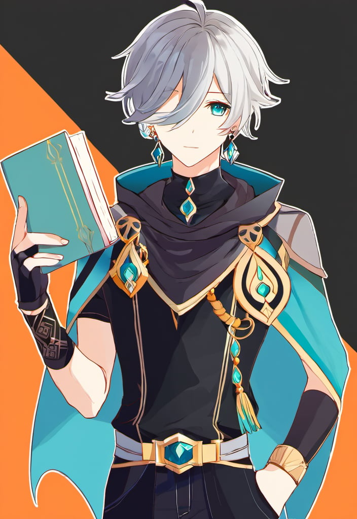 1boy, aqua eyes, black gloves, black pants, black shirt, black sleeves, book, cape, closed mouth, earrings, fingerless gloves, gloves, grey hair, hair between eyes, hair over one eye, highres, holding, holding book, itsumiruka, jewelry, male focus, multicolored hair, pants, shirt, short hair, solo, alhaitham (genshin impact)