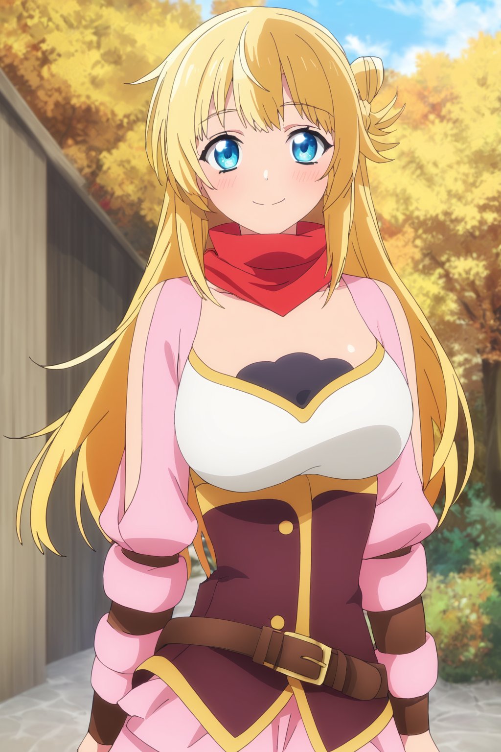 score_9, score_8_up, score_7_up, score_6_up, score_5_up, score_4_up, source_anime,ritto, single hair bun, 1girl, blonde hair, solo, blue eyes, long hair, smile, looking at viewer, hair bun, blush, closed mouth, red scarf, portrait, sky, cowboy shot, outdoor, belt, masterpiece, perfect face, best quality, beautiful girl, cute girl, beautiful eyes, shiny eyes, anime coloring, anime screencap, absurdres, award winning, <lora:ritto s2 WAI 902:0.8>