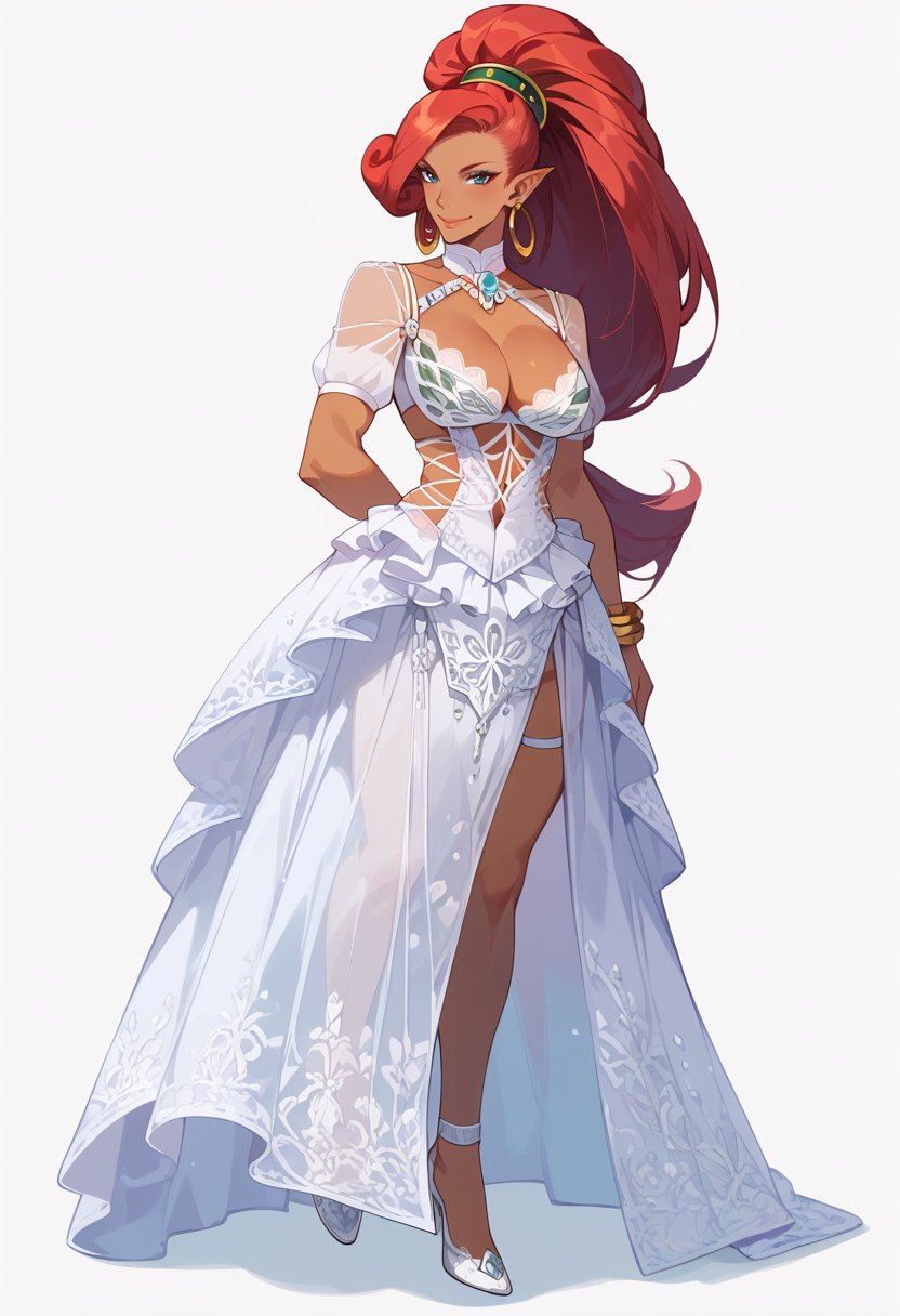 score_9, score_8_up, score_7_up, best quality, masterpiece, source_anime, zPDXL2, BREAK , 1girl, solo, white  dress, cleavage, hair flower, see-through, jewel-diamond outfits, Posing as if throwing a ball ,    urbosa,  <lora:jewel_diamond_doaxvv2:1>