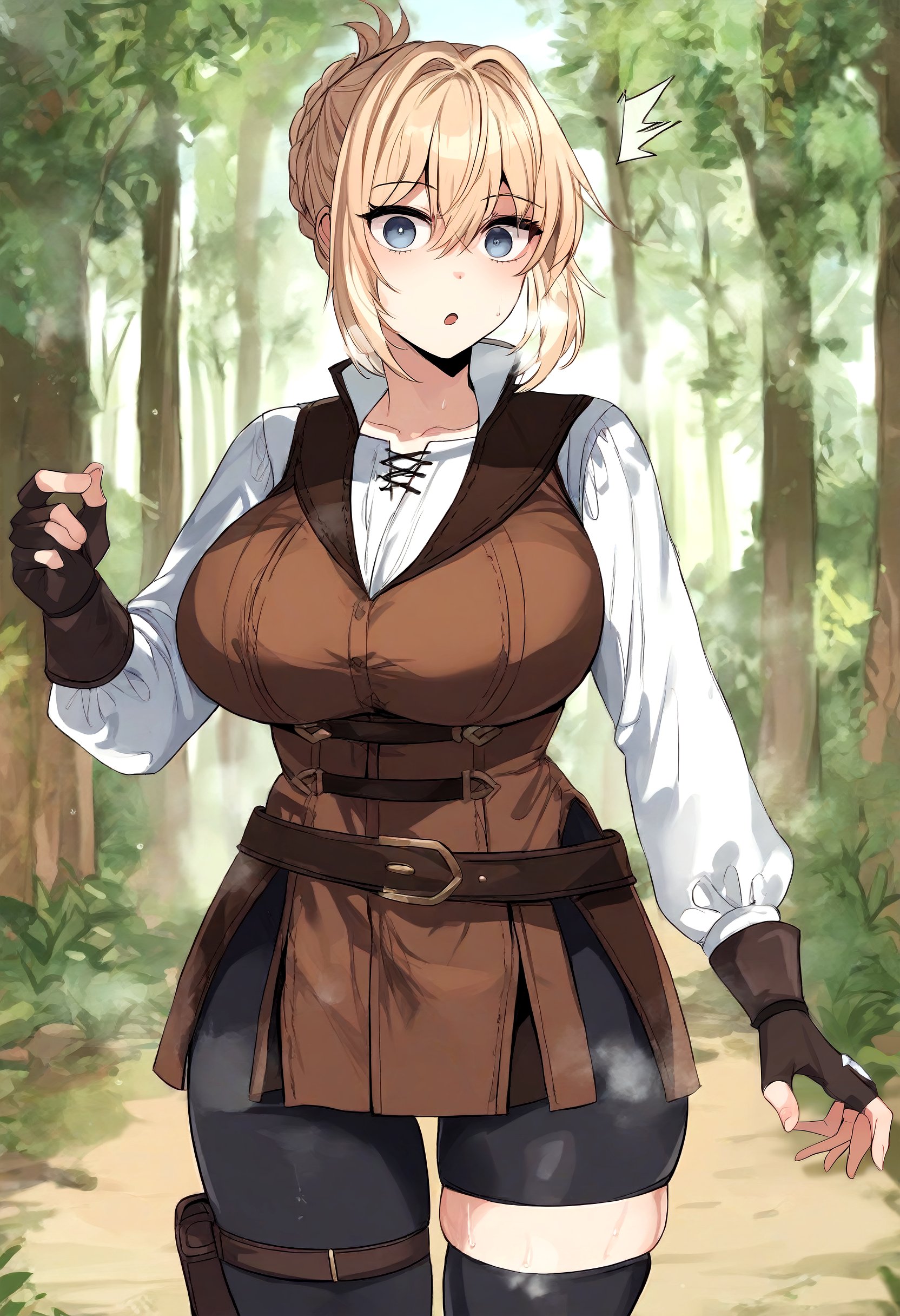 score_9, score_8_up, score_7_up, score_6_up, source_anime, rating_explicit, 1girl, solo, huge breasts, <lora:Alitius Bella Rustanad Rusklan prefectPonyxl:0.85> blonde hair, hair between eyes, hair intakes, grey eyes, blue eyes, short hair, sidelocks, braided bun, white shirt, brown vest, brown belt, long sleeves, fingerless gloves, brown gloves, black pants, thigh strap, surprised, Narrow shoulders, heavy breathing, steaming body, forest, outdoors, standing, looking at viewer, close-up