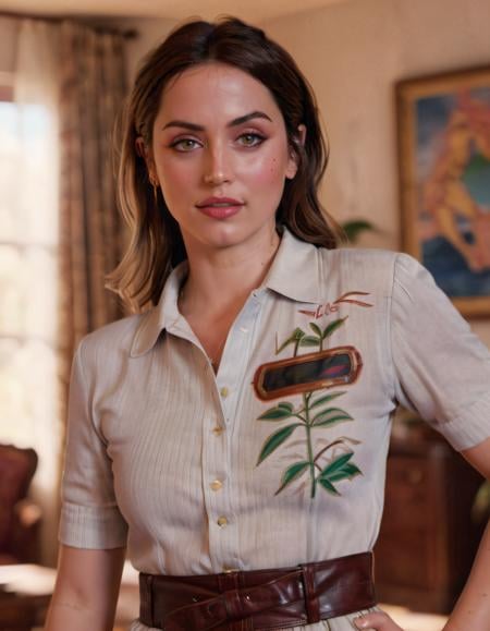 cinematic upper body up to waist portrait of Ana De Armas as (1980s era woman with 1980s vintage clothes), inside a 1980s house, photorealistic art by midjourney and greg rutkowski, 8k, <lora:Ana-000007:0.92>