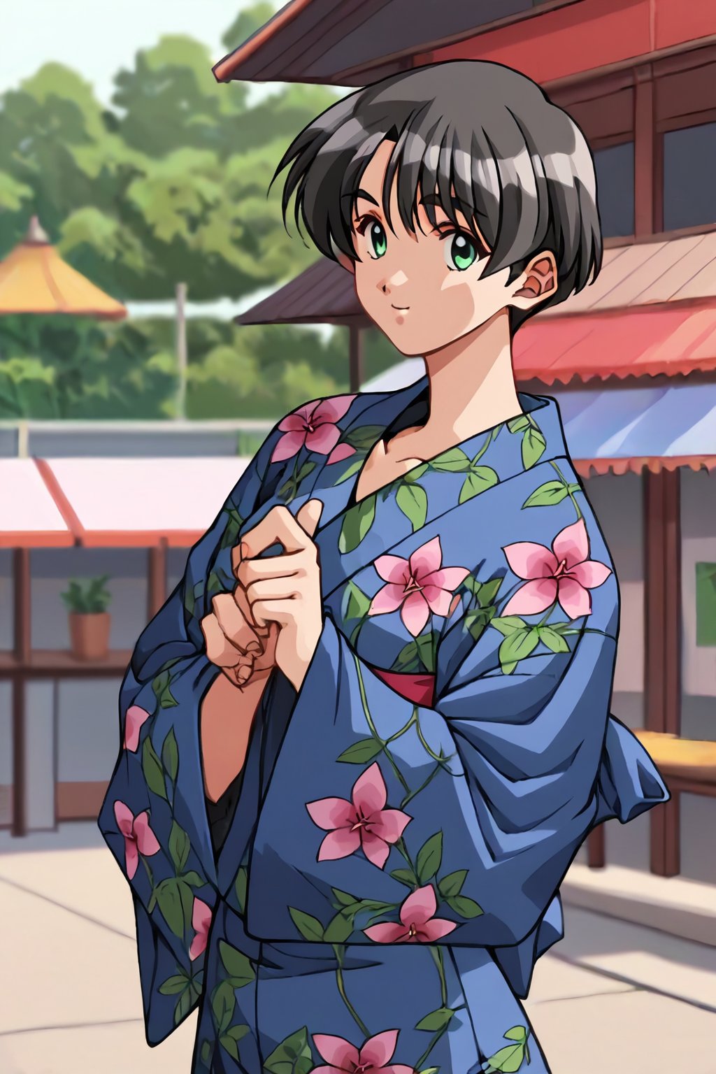 score_9, score_8_up, score_7_up, score_6_up, score_5_up, score_4_up, source_animewakabayashi ayu, 1girl, black hair, green eyes, short hair, solo, sash, obi, yukata, blue kimono, ayu_yukata, smile, hands behind back,masterpiece, perfect face, best quality, beautiful girl, blurry background, cute girl, beautiful eyes, shiny eyes, anime coloring, anime screencap, absurdres, outdoors. <lora:wakabayashi ayu anyt 905:0.8>