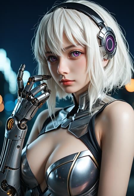 1girl,solo,looking at viewer,medium hair,bangs,hairband,purple eyes,hair ornament,hair between eyes,white hair,fluffy hair,large_breasts,blush shy,shiny_skin,very detailed clothes,very realistic textures,very detailed textures,longeyelashes,brown eye shadow,night,dim light,cyberpunk,mechanical arm,sci-fi style clothes,hair_tucking,metal material,realistic metallic texture,hands,raise your hand,, cinematic film still,score_9,score_8_up,score_7_up,dramatic lighting,(realistic:1.3),highly detailed,high budget,bokeh,cinemascope,moody,epic,gorgeous,film grain,grainy,masterpiece,best quality,perfect anatomy,very aesthetic,official art,8k,