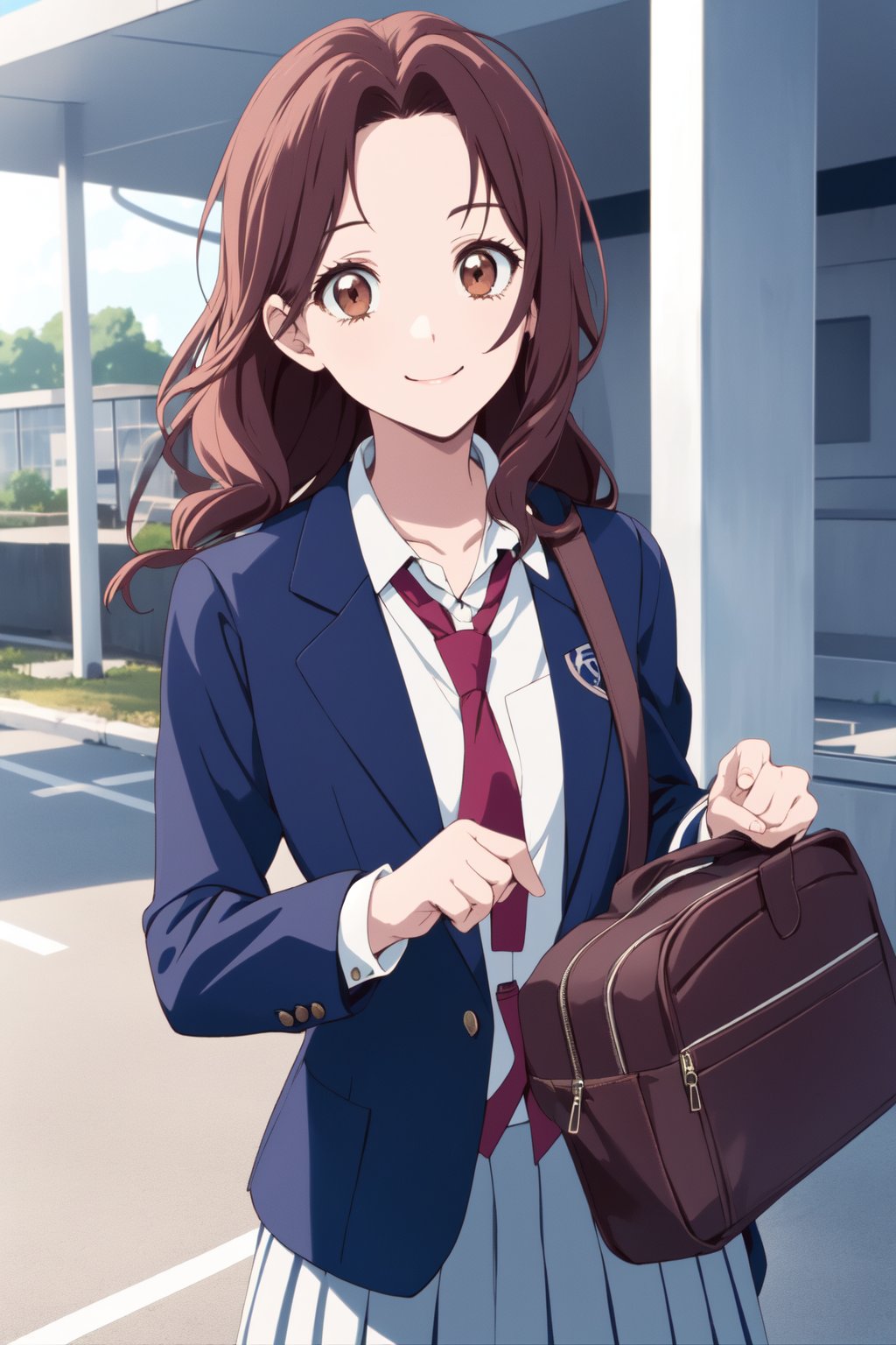 (RAW photo, best quality), 1girl,  natural lighting, smile, school, JK, blazer, school uniform, school bag, <lora:aoi_takamoto_dr_elise_v1_2-000005:1>, aoi takamoto