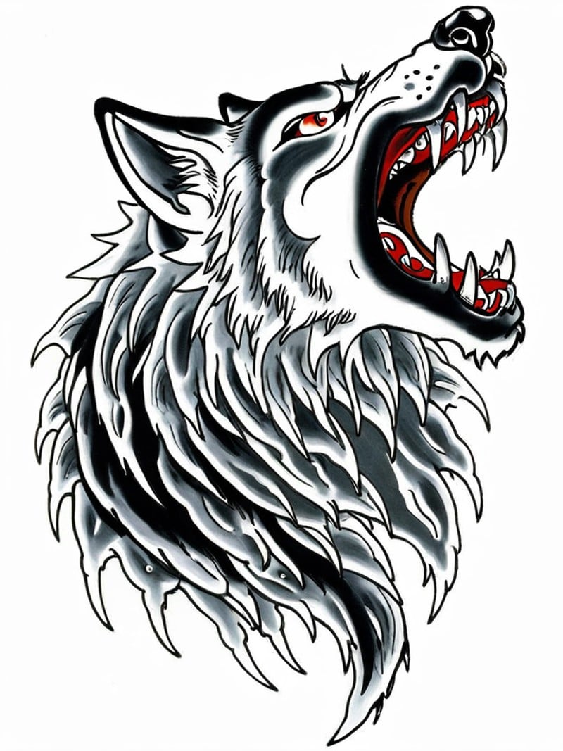 best quality, masterpiece,TBD,tattoo, evil wolf ,snow, open mouth,white background,<lora:TBD-000008:0.9>