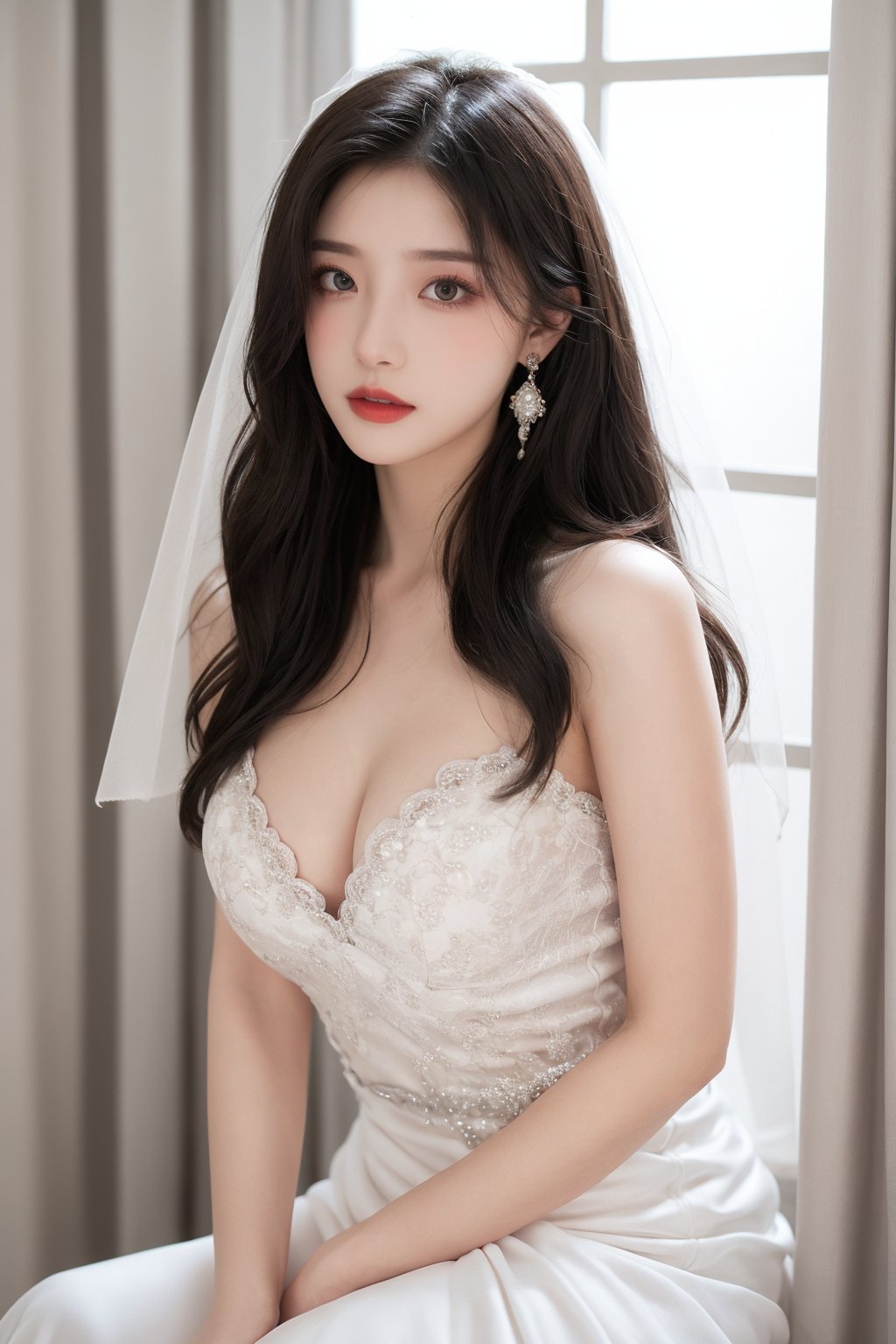 1girl, black hair, breasts, bridal veil, cleavage, curtains, dress, earrings, indoors, jewelry, lips, lipstick, long hair, medium breasts, realistic, sitting, solo, veil, wedding dress, white dress, window  <lora:婚纱:0.8>