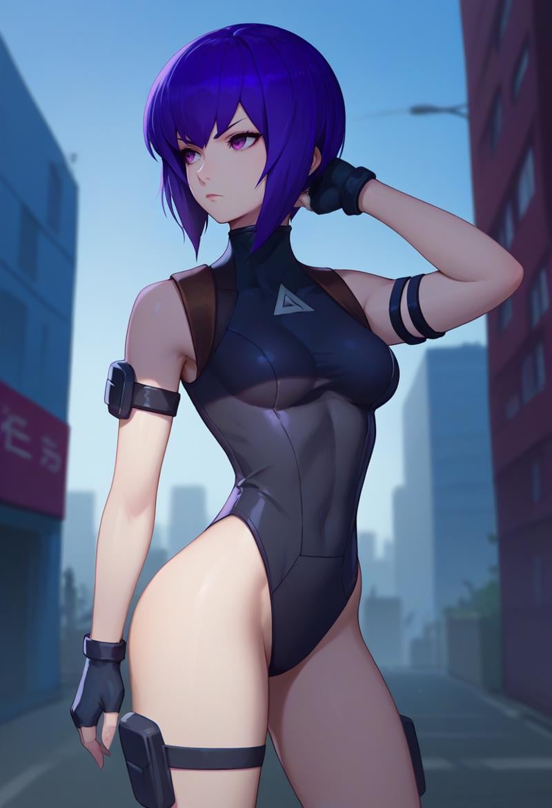 score_9, score_8_up, score_7_up, source_anime, solo, 1girl, motoko2045, expressionless, looking away, standing, arm behind head, purple eyes, black leotard, highleg leotard, arm strap, black gloves, fingerless gloves, medium breasts, outdoors, city street <lora:ghostintheshell_kusanagi_ponyXL-2045:1>