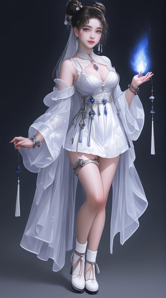 (best quality), ((masterpiece)), (highres), illustration, original, extremely detailed,   <lora:武侠与剑仙:0.7>1girl, solo, dress, white dress, hair bun, long hair, double bun, full body, jewelry, clothing cutout, high heels, earrings, black hair, thigh strap, blue eyes, looking at viewer, bracelet, white footwear, forehead mark, facial mark, breasts, black background, shoulder cutout, fire, hair ornament, standing