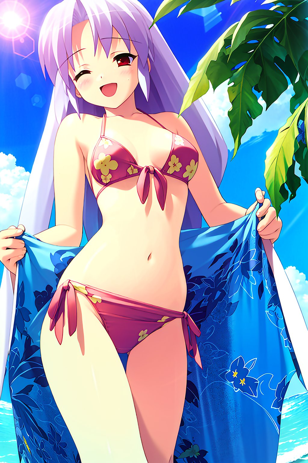 ((masterpiece, high quality, best quality)),1girl, swimsuit, bikini, day, print sarong, long hair, red eyes, side-tie bikini bottom, blue sarong, closed eyes, white hair, sky, sun, cloud, outdoors, lens flare, towel, blush, medium breasts, smile, open mouth, floral print, navel, front-tie top, open clothes, <lora:gayaro-style_v1.1:1.0>