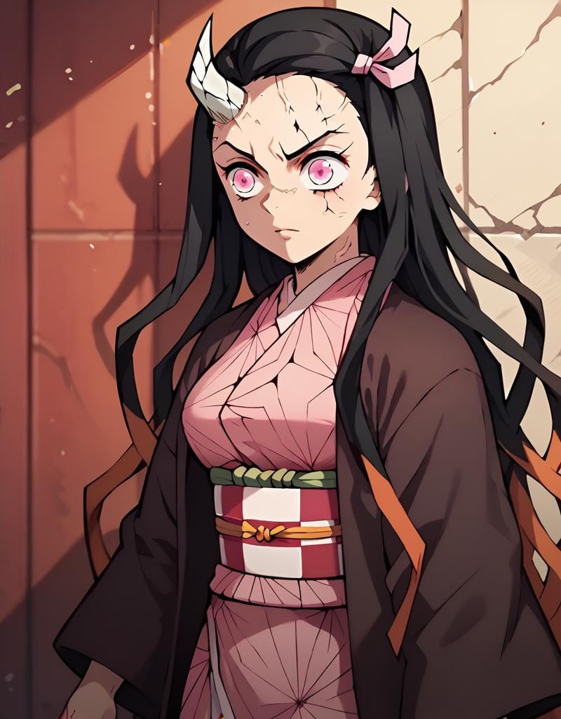 <lora:NezukoKamadopony-10:1> NezukoAdult, kamado nezuko, medium breasts, adult, 1girl, very long hair, black hair, hair ribbon, horns,  pink eyes, demon girl, single horn, veins, cracked skin,  black haori, obi, pink kimono, checkered sash, Leaning against a wall,, score_9, score_8_up, score_7_up, score_6_up, score_5_up, score_4_up,