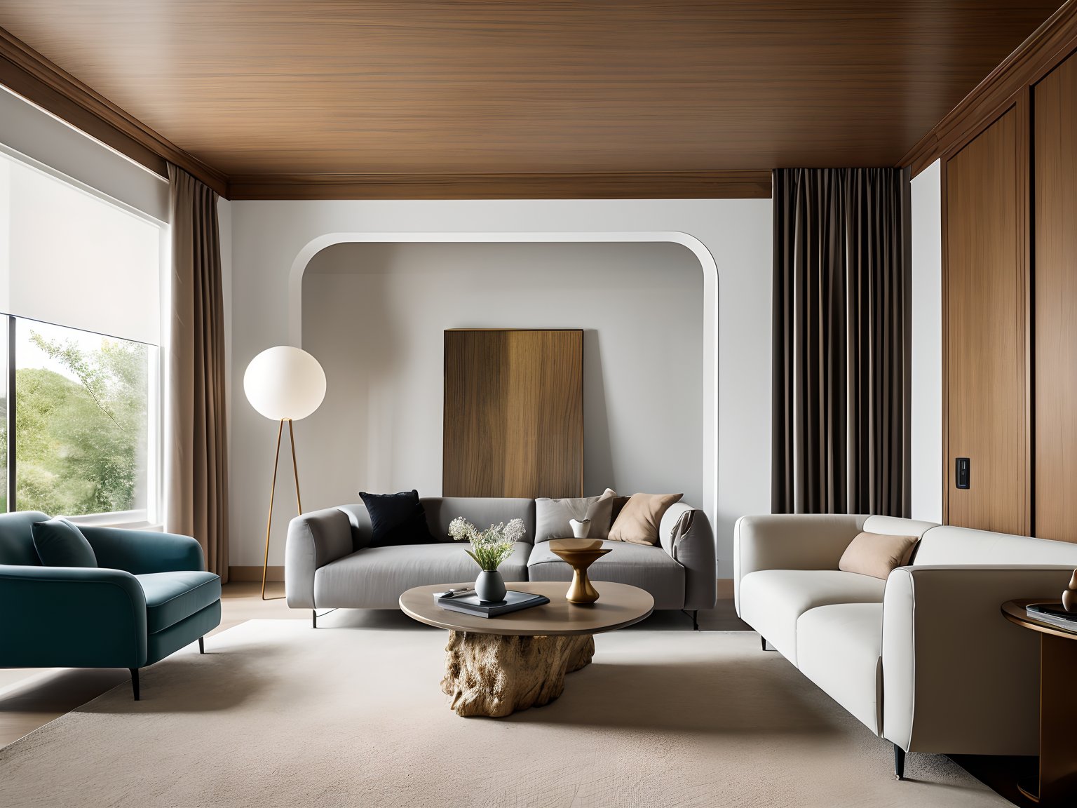 living room, French style, no humans, table, indoors, scenery, window, French carving, tree, chair, couch, plant, curtains, potted plant, French lines