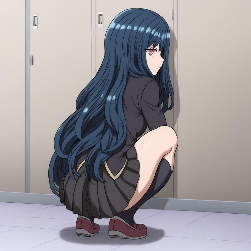 <lora:YuuNozakiXLpony001>,solo,YuuNozaki,1girl,blue hair,long hair,pink eyes,school_uniform,black blazer,pleated_skirt,black skirt,black socks,full body,looking back,squatting,