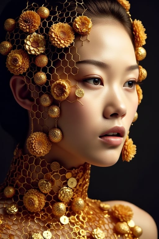 An Asian woman with a golden honeycomb and bees decorated,exudes a kind of ethereal beauty,