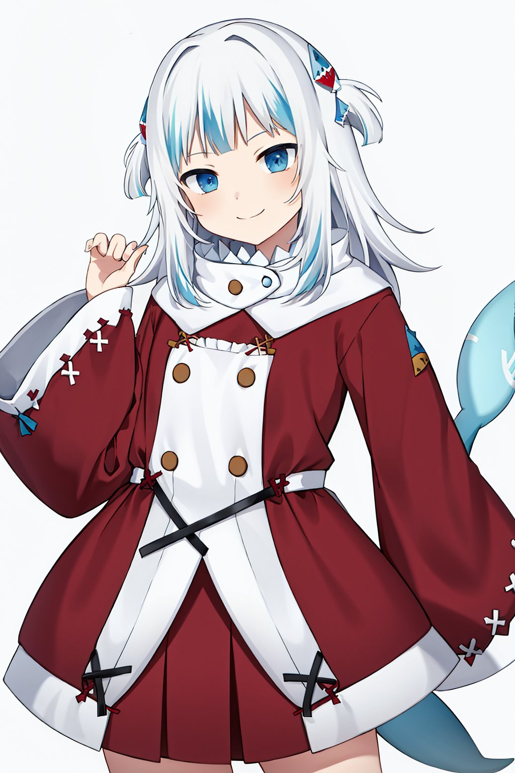 <lora:gura_v1.1-000010:0.8>,  gawr gura, gura_shark_outfit, 1girl, solo, best quality, masterpiece, highres, looking at viewer,  cowboyshot, white hair, white headband, shark tail,  (solid white background:1.4), hair ornament,  smile