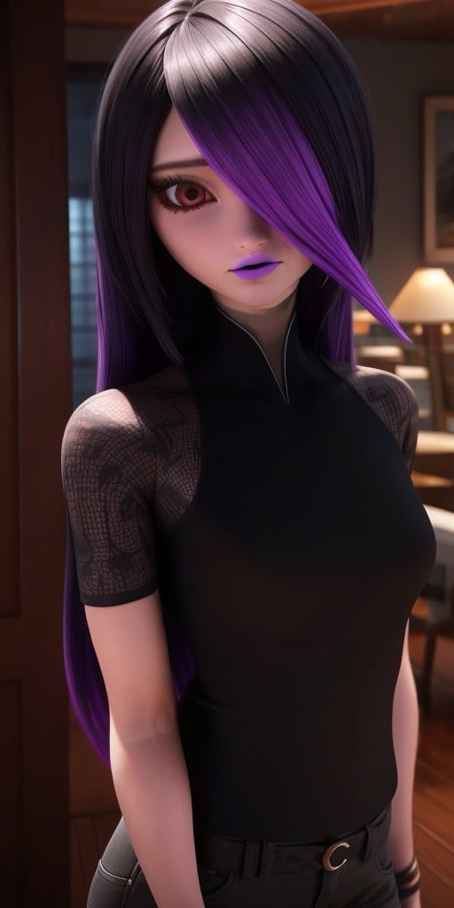 Hyperrealistic, photorealistic, super detailed, fifteen years old, medium height, brilliant red eyes, dark eyeshadow, long black hair with dyed purple tips at the end and bangs covering the left side of her face, very soft magenta lipstick, body like in real life, large pores, pale-skinned, beautiful arms, little breasts, unreal engine, octane render, droped shadow, bokeh, cinematic lighting, <lora:add_detail:0.5>, <lora:Volumetric_lighting:0.6>, Juleka Couffaine, , <lora:d5da7d5d-bd8d-4fcf-8082-26baea76a477:0.7>