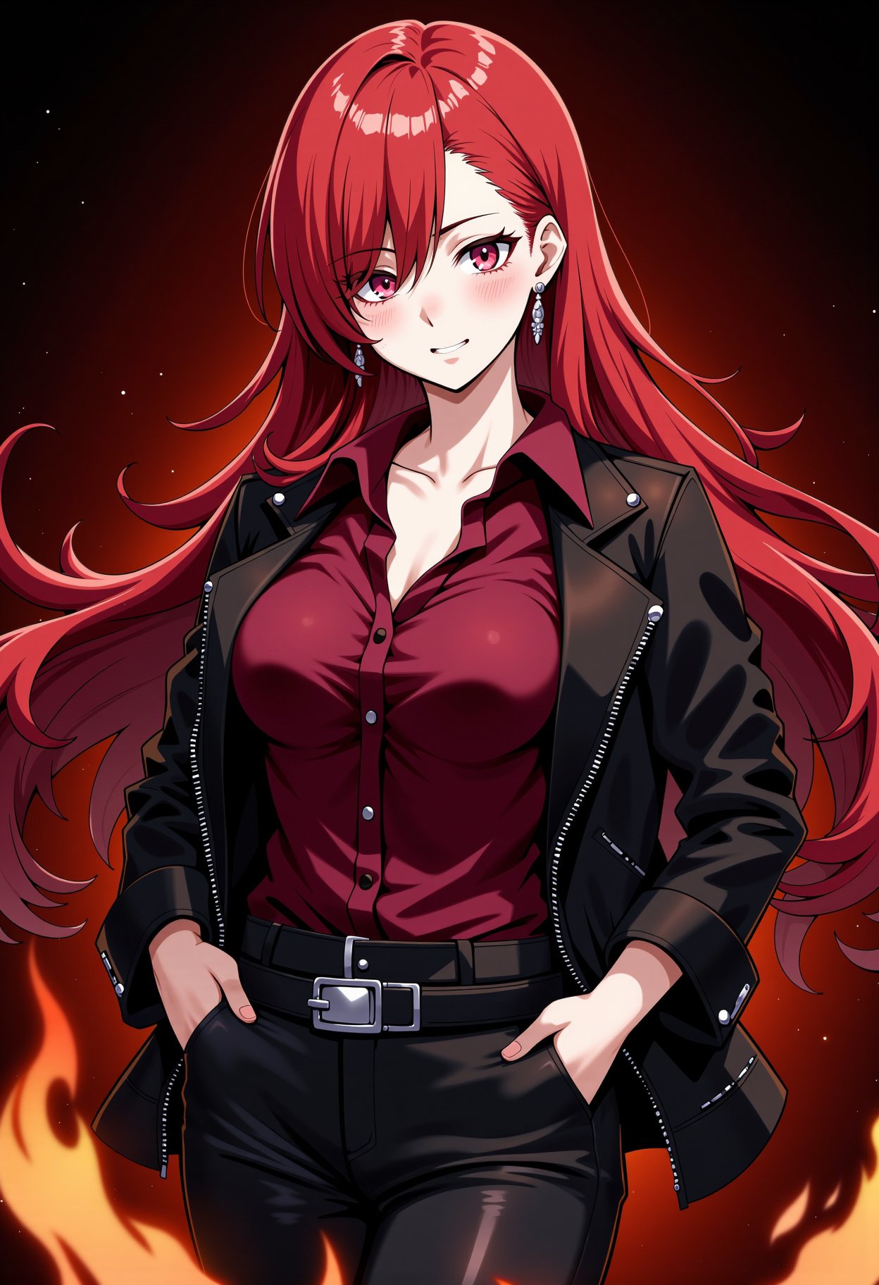 The image is a digital illustration in an anime style, depicting a young woman with striking features. She has a pale skin complexion and a slender physique. Her long flowing red hair, and her eyes are a vibrant red, giving her a striking appearance. She has a confident, slightly mischievous expression on her face, with a hint of a smirk. She is dressed in a deep maroon blouse with earrings. Her outfit is completed with a black leather jacket, cinched at the waist with a silver belt, and black leather pants. The outfit exudes a gothic and edgy aesthetic.The background is a gradient of dark reds and blacks, with swirling flames and intense atmosphere to the image. The flame background creating a visually striking composition.