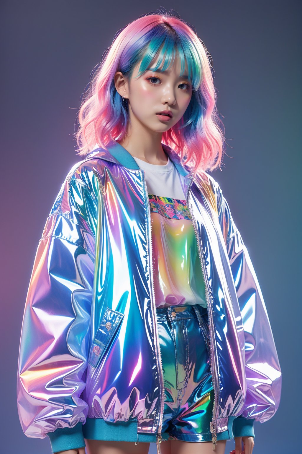 transparent color PVC clothing,transparent color vinyl clothing,prismatic,holographic,chromatic aberration,fashion illustration,masterpiece,girl with harajuku fashion,looking at viewer,8k,ultra detailed,pixiv,solid background,colorful gradient hair,<lora:LEISHE_20240429220547:0.8>,