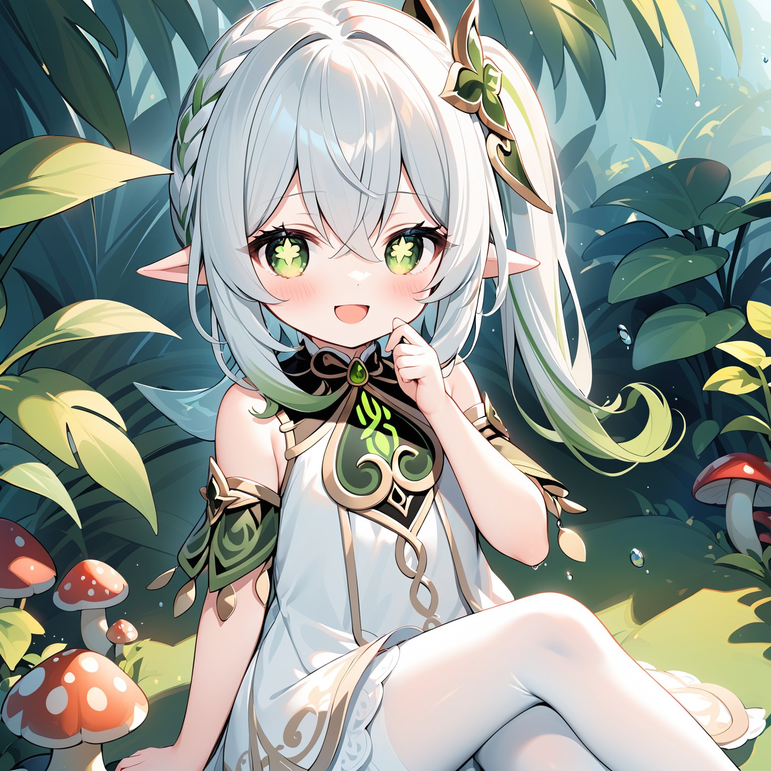 chen bin, 1girl, nahida (genshin impact), solo, green eyes, pointy ears, side ponytail, symbol-shaped pupils, hair ornament, looking at viewer, white hair, bangs, smile, multicolored hair, long hair, blush, dress, gradient hair, hair between eyes, open mouth, braid, plant, mushroom, detached sleeves, green hair, white dress, :d, sidelocks, bare shoulders, outdoors, cross-shaped pupils, sitting, sleeveless, leaf hair ornament, sleeveless dress, blurry, white pantyhose, hand up, nature, jewelry, knee up, water drop, Character