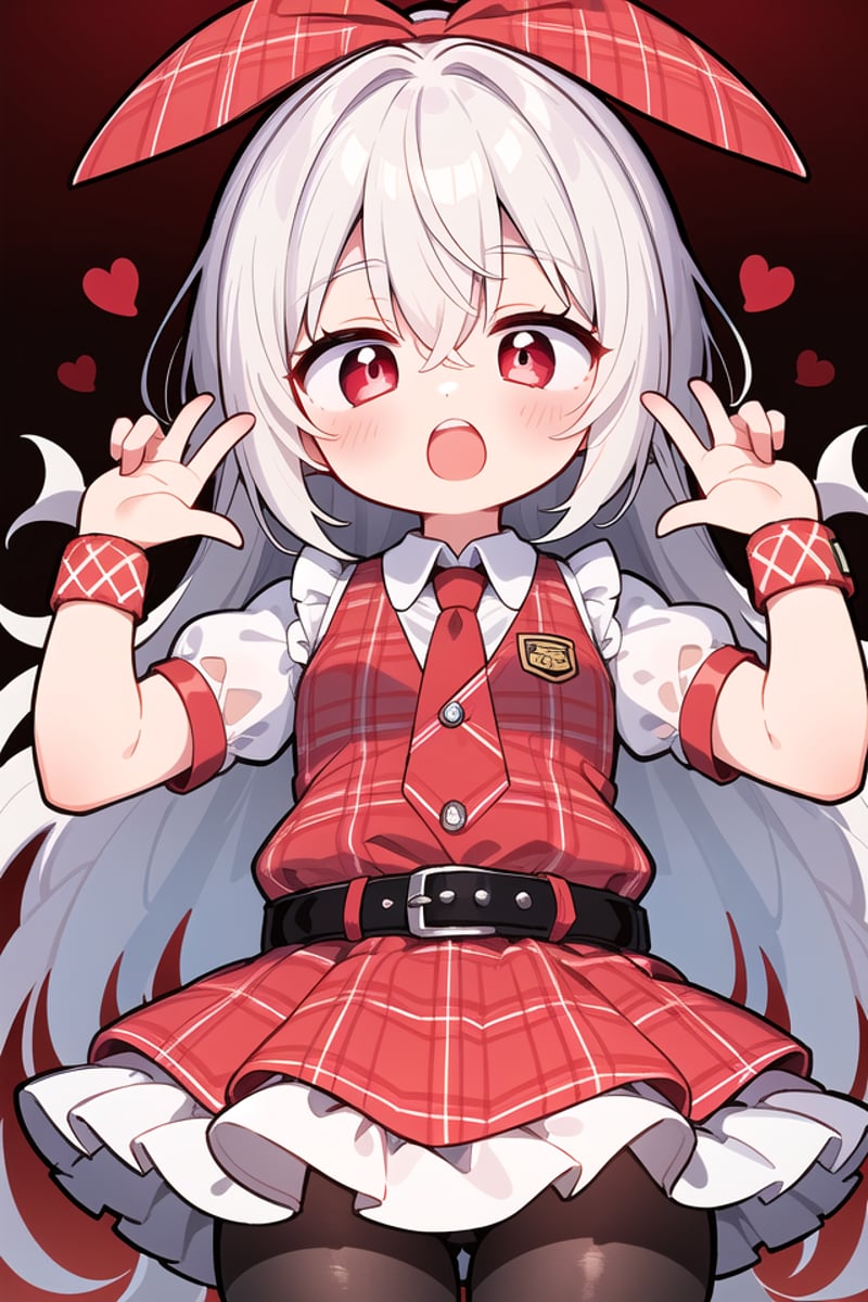 <lora:talkmouth_O_type1_v200:1>insanely detailed, absurdres, ultra-highres, ultra-detailed, best quality,1girl, solo, nice hands, perfect handsBREAK(Enchant:1.4), (red theme:1.5), ((red plaid pattern, tone on tone):1.4), (idol uniform:1.2), (fusion of sleeveless (red plaid pattern) vest and red sundress:1.4), (red tie:1.4), ((red plaid pattern) multi-layered skirt with ruffles:1.3), ((red:1.3) platform HIGH boots:1.1), (red plaid pattern ribbon on head:1.3)    BREAK    (short sleeve white collared-shirt dress layering:1.2), (black pantyhose:1.2), (belt:1.3), (wristband:1.3), (naked skin:-1), (black vest:-1), (white vest:-1), (black skirt:-1), (white skirt:-1), (cleavage:-1.5)BREAKsmile, open mouthBREAK(45 angle:-1.5), (from side:-1.5),standing, cowboy shot, looking at viewerBREAKslender, kawaii, perfect symmetrical face, ultra cute girl, ultra cute face, ultra detailed eyes, ultra detailed hair, ultra cute, ultra beautifulBREAKin coffee shop, depth of field, ultra detailed backgroundBREAKmedium large breastsBREAKgrey hair, red eyes, bob, hair between eyes