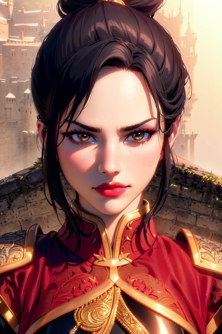 ultra realistic 8k cg, masterpiece, ((ultra detailed background, delicate pattern, intricate detail, highly detailed, fine details best quality, hyperdetailed face)), (photorealistic:1.4),beautiful lighting, absurdres, RAW photo, film grain, Azula, 1girl, solo, black hair, brown eyes, makeup, lipstick, red lips, single hair bun, navel, sidelocks, hair ornament, ((medium breasts, slim girl)), ((armor, chinese clothes, capelet, boots)), ((complex detailed background, inside, dim lighting, moody lighting, inside castle, castle wall, inside, medieval castle environment)), ((close-up, portrait)),  <lora:Azula:0.6>