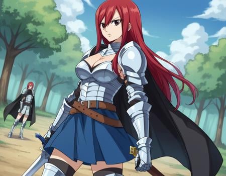 score_9, score_8_up, score_7_up, source_anime,erzascarlet, <lora:erza-scarlet-ponyxl-lora-nochekaiser:1>erza scarlet, long hair, red hair, hair between eyes, brown eyes,skirt, thighhighs, cleavage, boots, belt, sword, cape, armor, gauntlets, armored boots, greaves, knight,outdoors, nature,looking at viewer, dutch angle, cowboy shot