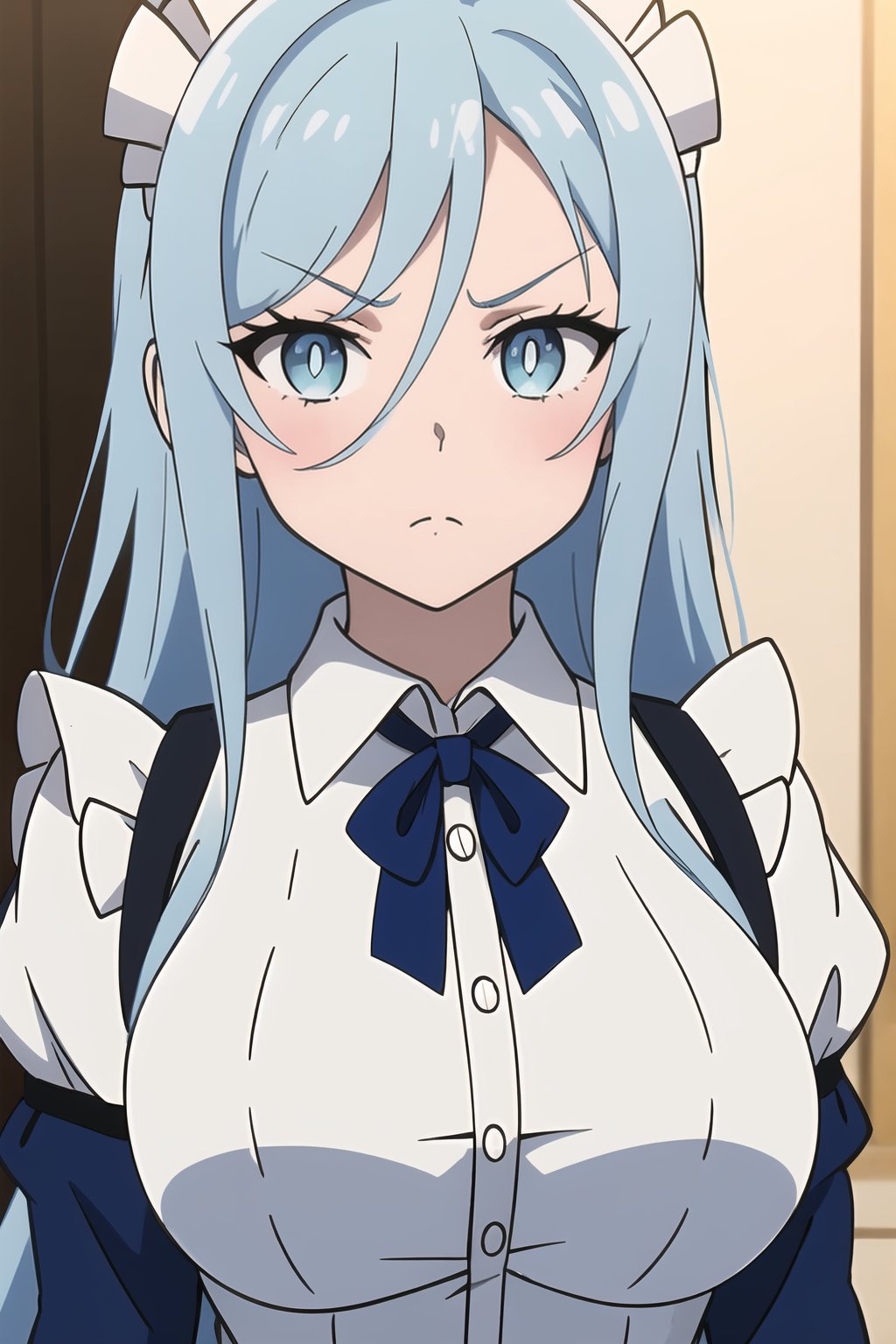 Sylpha, 1girl, solo, long hair, breasts, blue eyes, light blue hair, large breasts, shirt, white shirt, maid headdress, angry, hair between eyes, <lora:Sylpha - Dainanaoji T10:0.8>