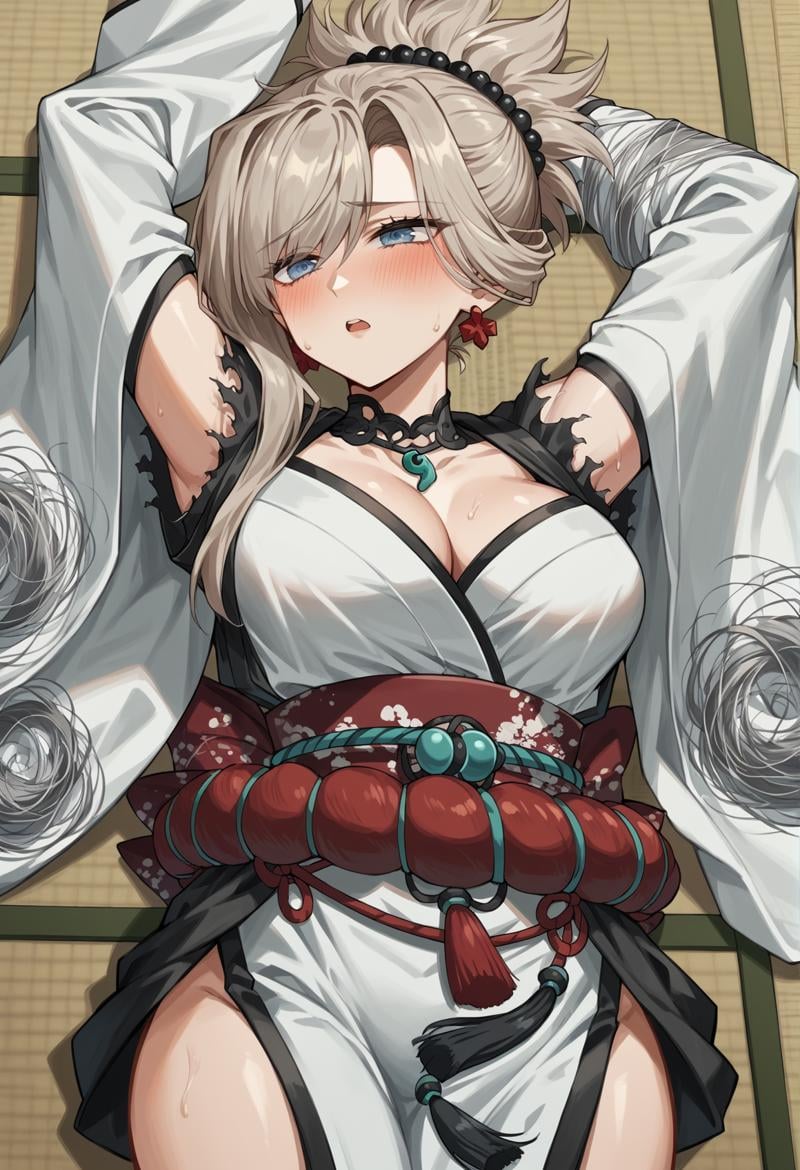 blue eyes, long hair, grey hair, single sidelock, ponytail, scrunchie, japanese clothes, detached collar, magatama, White kimono, pelvic curtain, detached sleeves, wide sleeves, rope, earrings, cleavage, laying, nipple slip, tatami, aroused, sweat, blushing, chestnut mouth, from above, half closed eyes, arms up, laying, on back <lora:Musashi:1>, score_9, score_8_up, score_7_up, score_6_up, score_5_up, score_4_up, BREAK source_anime, masterpiece