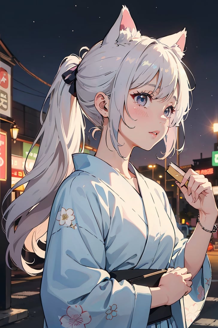 (pastel colours:1.3), 1girl,,ponytail,closed mouth,1girl,original,,cat ears,looking to the side,solo,1girl,yukata,hand up,low twintails,city lights,,day,jewelry,sideways glance,long sleeves,halo,original,,pleated skirt,,crying,book stack,looking away,parted lips,sky,,surprised,