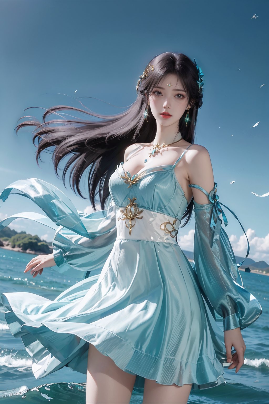 ((4k,masterpiece,best quality)),professional camera,8k photos,wallpaper,1girl,solo,long hair,black hair,(dress:1.3),bare shoulders,jewelry,eyes,earrings,outdoors,sky,sparkle_water,necklace,dress,lips,sparkle,night,floating hair,wind,red lips,Seaside,sea,blue water,glowing water,rippling water,yuechan,purple hair,