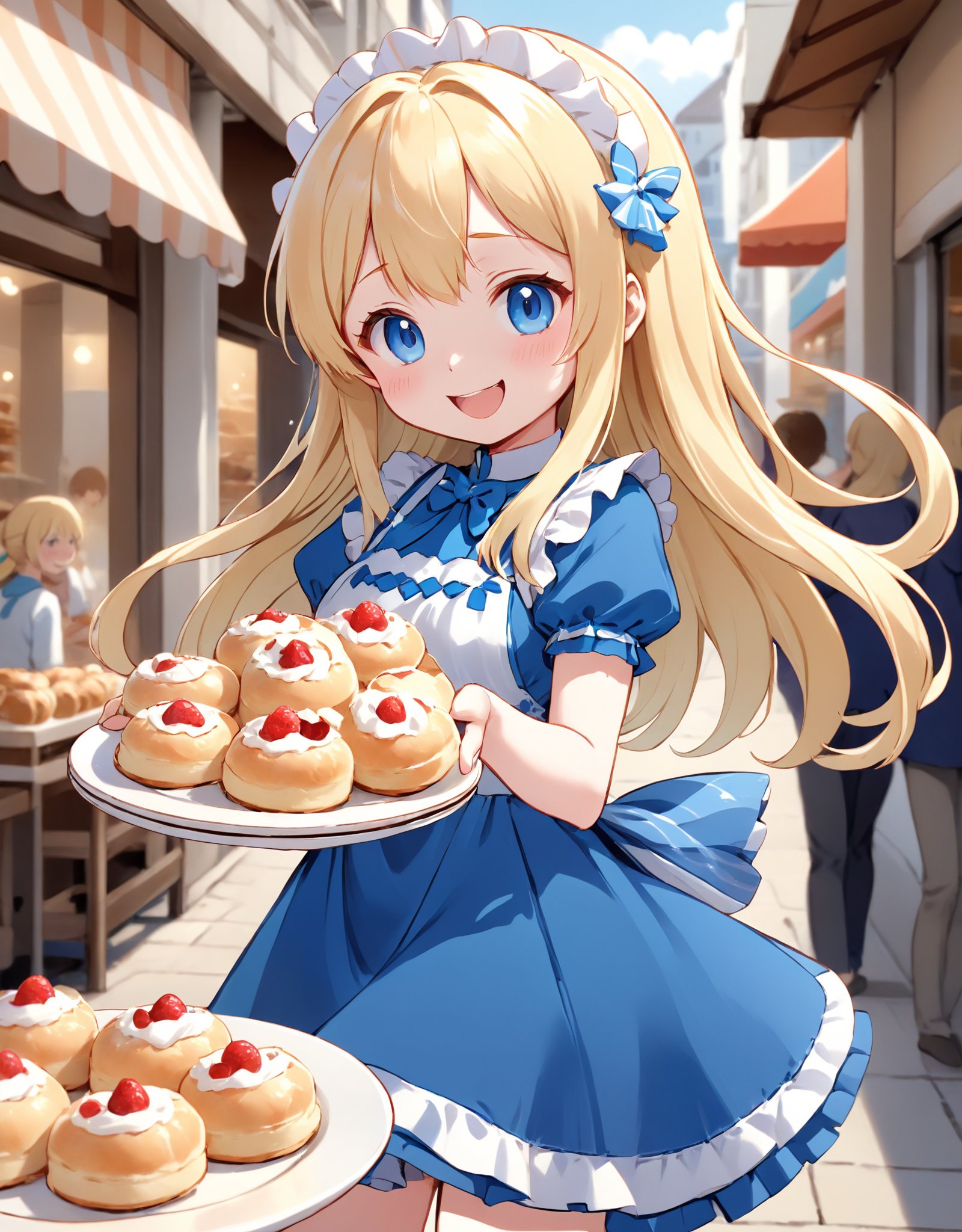 Illustration of a cute, anime-style character named "Roll-chan" with long, blonde hair, a blue and white dress, and a cheerful expression. She should be shown holding a platter of delicious-looking pastries with a bakery in the background, radiating warmth and happiness.