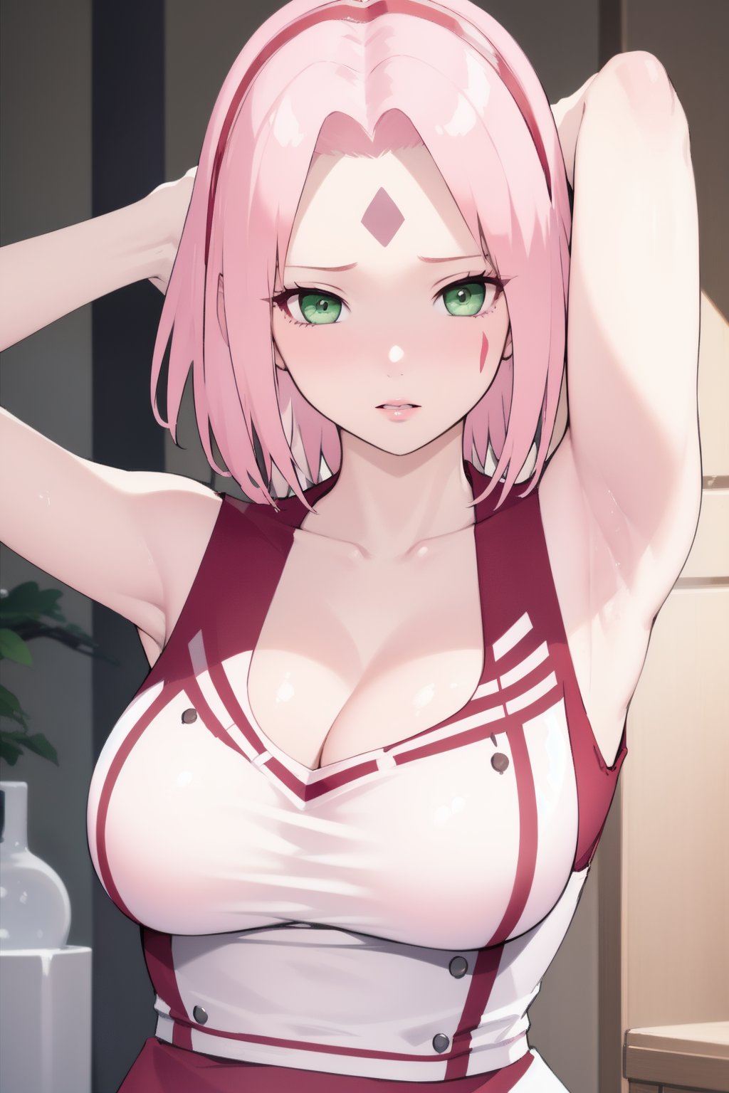 masterpiece,1girl,haruno sakura,solo,looking at viewer,short hair,large breasts,cleavage,green eyes,collarbone,upper body,pink hair,parted lips,((sailor)),indoors,armpits,arm up,forehead mark,realistic,<lora:lbc_haruno_sakura_240324_v1.0-000010:0.9>,