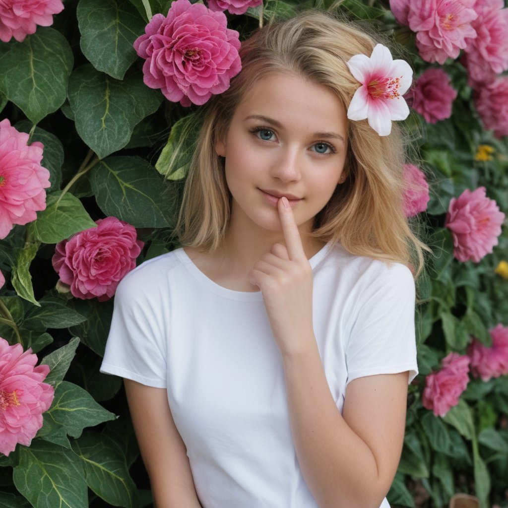 realistic, teen, girl,face, flowers in hair, t shirt,1girl,blonde hair,, cute,beautiful face<lora:EMS-427881-EMS:0.800000>