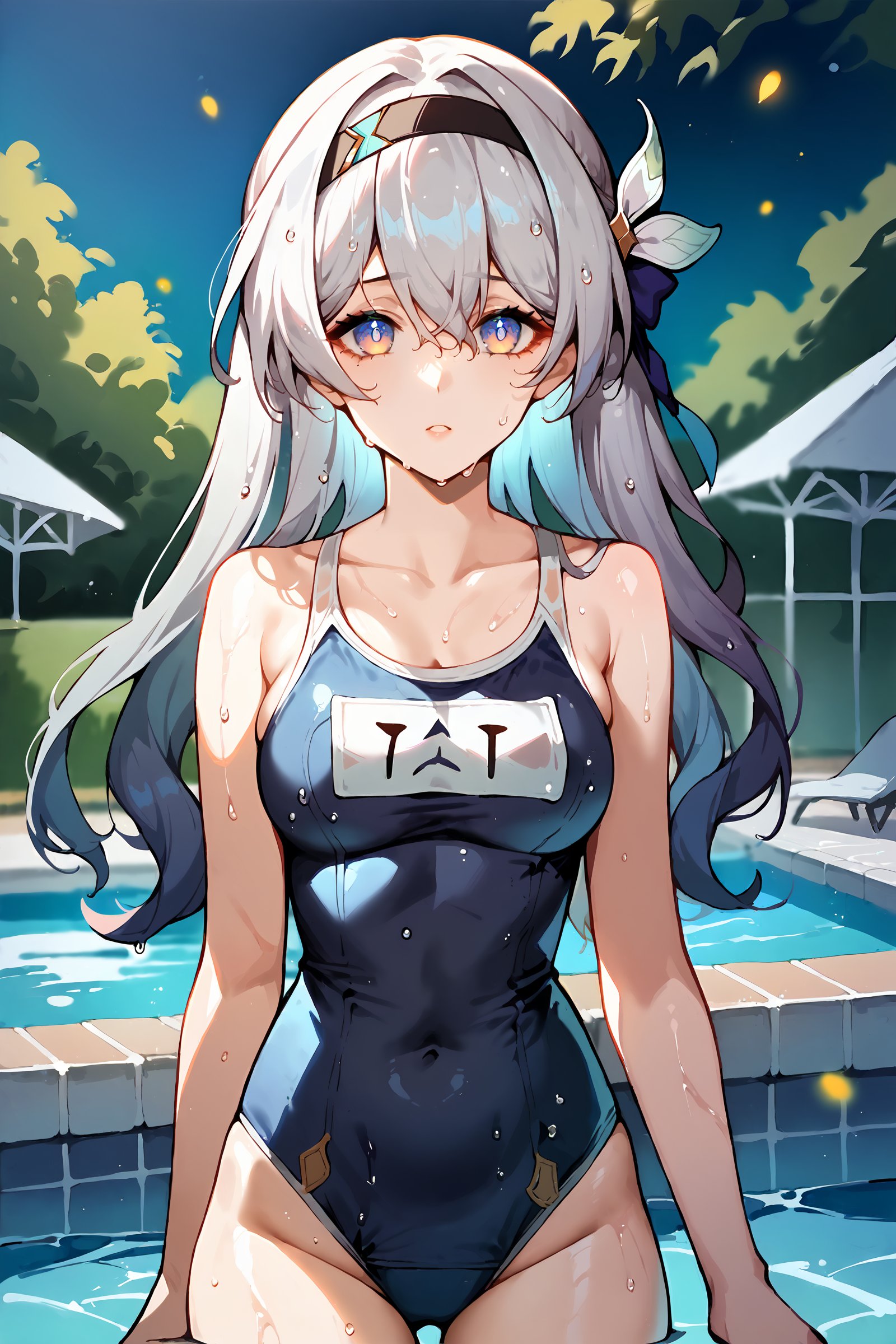 score_9, score_8_up, score_7_up, 1girl, firefly \(honkai: star rail\), hairband, school swimsuit, bare shoulders, poolside, pool, wet, cowboy shot, outdoors, looking at viewer,  blue sky, sunbeam, depth of field  <lora:Char-HonkaiSR-Firefly-V1-Pony:0.9>  <lora:Expressive_H:0.3> <lora:urushihara-lora04_PonyXL:0.7>