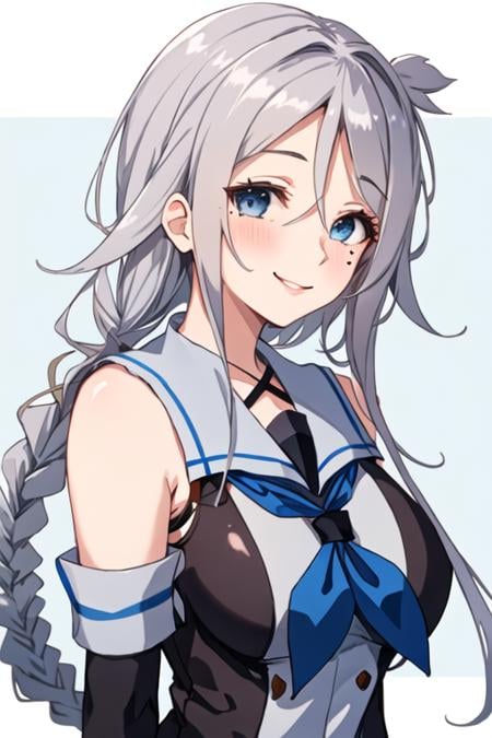 best quality, masterpiece, highres, solo, {umikaze_kantaicollection:1.15}, long_hair, blue_eyes, braid, single_braid, grey_hair, bangs, mole, mole_under_eye, very_long_hair, parted_bangs, breasts, blush, serafuku, sleeveless, smile, white_hair, hair_tie, hair_flaps, 1girl, bare_shoulders, black_gloves, blue_neckerchief, collared_shirt, elbow_gloves, gloves, looking_at_viewer, neckerchief, school_uniform, shirt, sleeveless_shirt, upper_body, medium_breasts