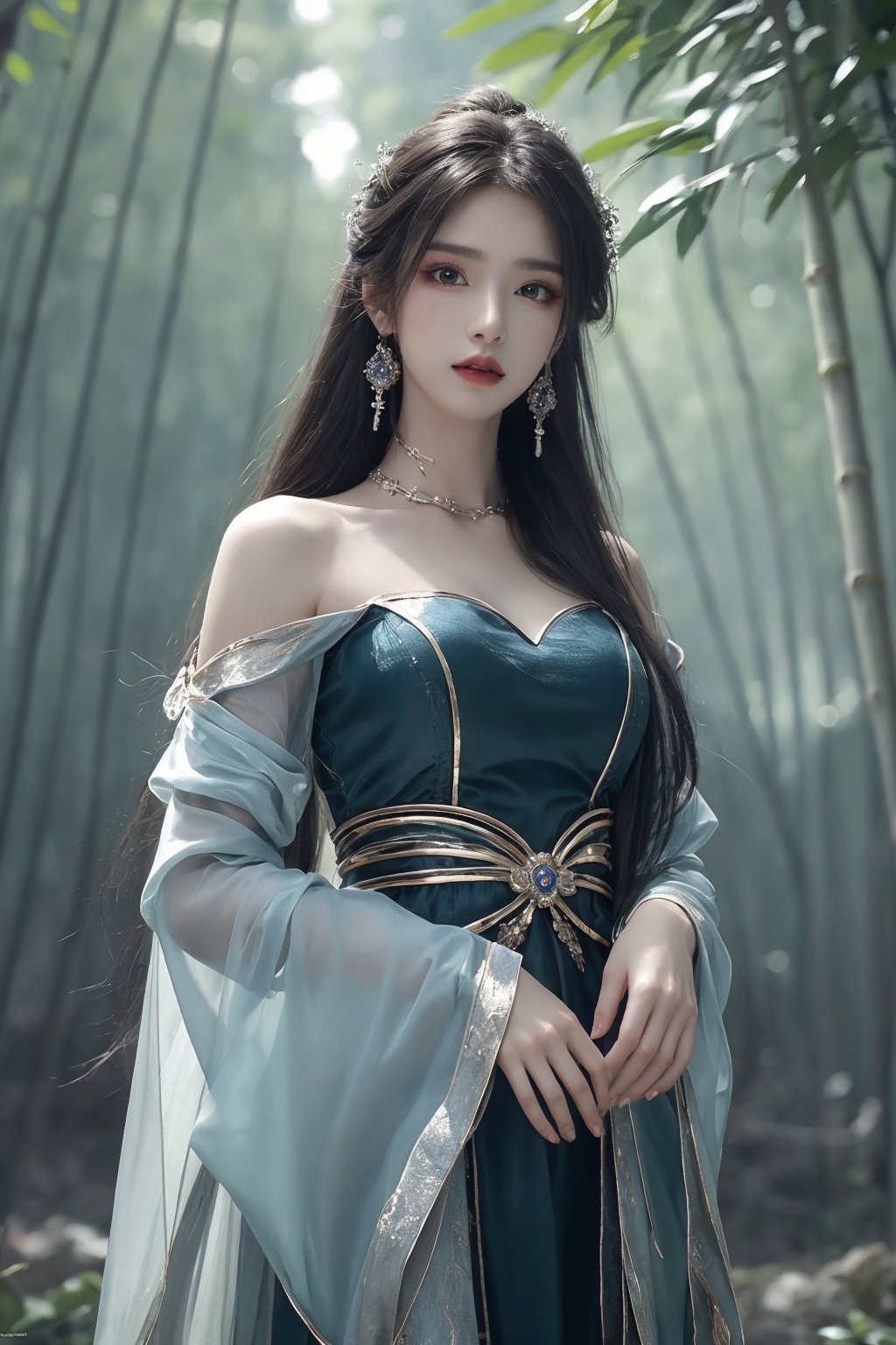 1girl, bamboo, bare shoulders, bare tree, blurry, blurry background, blurry foreground, branch, breasts, chinese clothes, depth of field, dress, earrings, forest, green eyes, jewelry, leaf, long hair, long sleeves, looking at viewer, makeup, nature, palm tree, parted lips, plant, solo, standing, tree, wide sleeves <lora:天穹1.0:0.8>