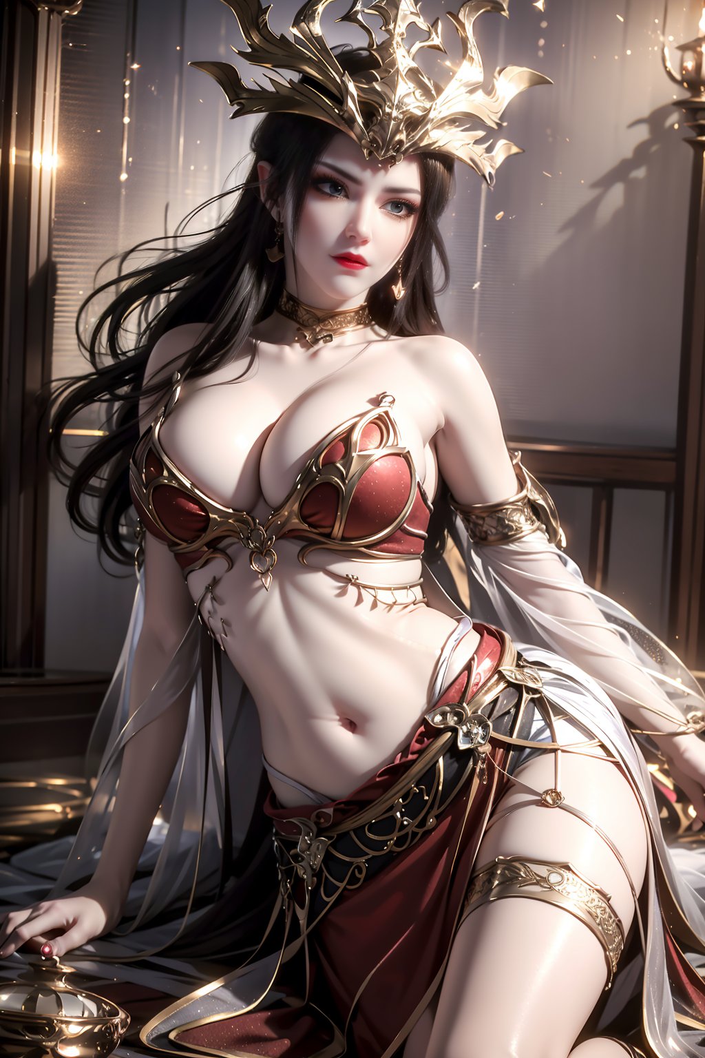 8k,RAW photo,best quality,masterpiece,hatching (texture),skin gloss,light persona,artbook,extremely detailed CG unity 8k wallpaper,official art,(high detailed skin),glossy skin,contrapposto,female focus,sexy,fine fabric emphasis,wall paper,reclining,lying,untying,on_stomach,1girl,solo,(red_dress:1.2),very long hair,hair ornament,midriff,navel,headwear,simple background,mdscr-hd,mdsq-hd,<lora:0413美杜莎皇冠12864x:0.8>,ll-hd,<lora:1111白皙质感:0.5>,ty-hd,<lora:0110田野:0.6>,