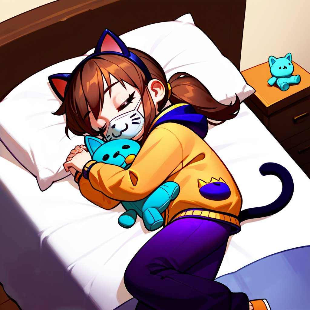 <lora:hatkid:1>,1girl,solo,hat-kid,brown hair,sidelocks,ponytail,closed eyes,fake cat ears,cat mouth mask,yellow-purple letterman jacket,purple pants,cat tail, sleeping, curled up, fetal position, on bed, on side, from above, indoors, pillow, stuffed toy, teddy bear,, score_9, score_8_up, score_7_up, perfect anatomy, source_anime, zPDXL2,