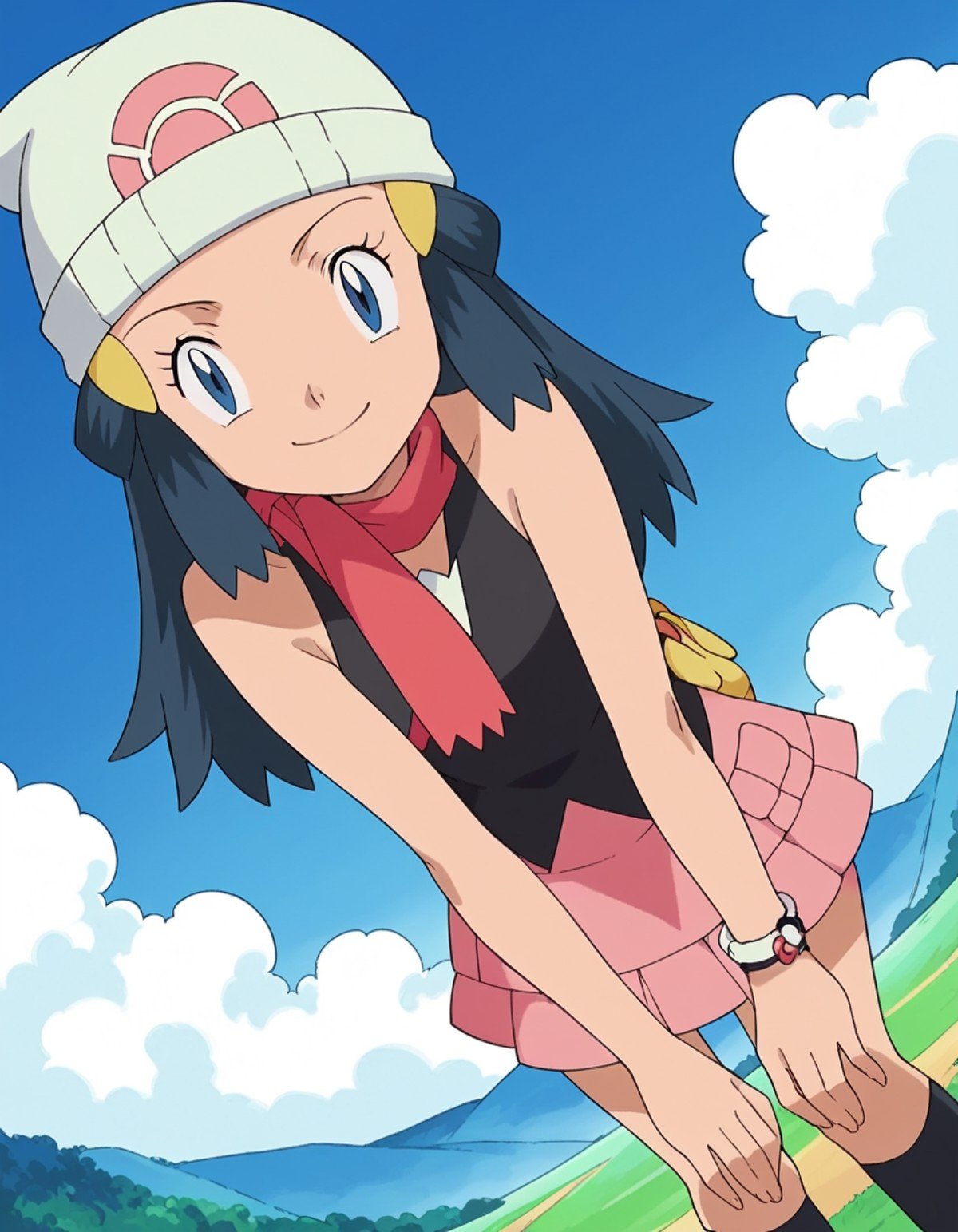 score_9, score_8_up, score_7_up, source_anime, pokemondawn, <lora:pokemon-dawn-anime-ponyxl-lora-nochekaiser:1>, pokemon dawn, black hair, blue eyes, sidelocks, long hair,, bare shoulders, beanie, black shirt, black socks, bracelet, hat, jewelry, kneehighs, miniskirt, pink skirt, red scarf, scarf, shirt, skirt, sleeveless, sleeveless shirt, white headwear,, landscape, bent over, smile, looking at viewer, solo, cowboy shot, dutch angle