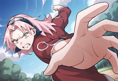 score_9, score_8_up, score_7_up, score_6_up, score_5_up, score_4_up, BREAK, source_anime,1girl, haruno sakura, pink hair, long hair, green eyes, red qipao, angry,IncrsPunchMeme, incoming punch, blue sky, meadow<lora:PepePunchMeme_XLPD:1>  <lora:SakuraGeninXL:1>