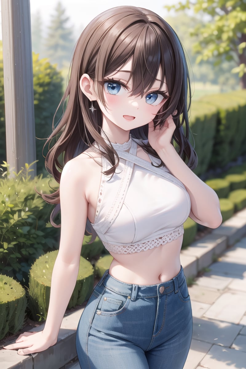 insanely detailed, absurdres, ultra-highres, ultra-detailed, best quality,1girl, solo, nice hands, perfect handsBREAK(white theme:1.4), (white crochet knit crop top:1.4), (halter neck:1.3),  ((sleeveless, bare shoulders, bare arms):1.3), (white pumps with heels:1.1)BREAK(denim palazzo pants:1.3), (ankle:1.3), (See-through:-1.5)BREAK(nsfw:-1.5)BREAKseductive smile, open mouthBREAK,standing, cowboy shot, looking at viewerBREAKslender, kawaii, perfect symmetrical face, ultra cute girl, ultra cute face, ultra detailed eyes, ultra detailed hair, ultra cute, ultra beautifulBREAKin forest, depth of field, ultra detailed backgroundBREAKlarge breastsBREAKbrown hair, brown eyes, curly hair, hair between eyes