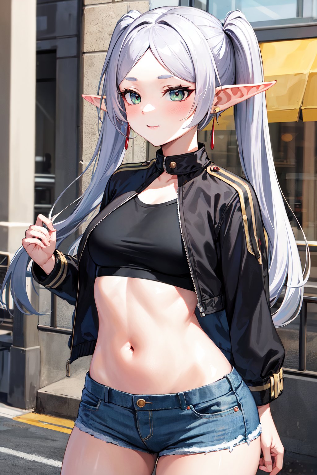 masterpiece, best quality, highres, aafrie, long hair, white hair, twintails, pointy ears, earrings, thick eyebrows, <lora:frieren_v1:0.7>, crop top, cropped jacket, black jacket, midriff, denim shorts, street,