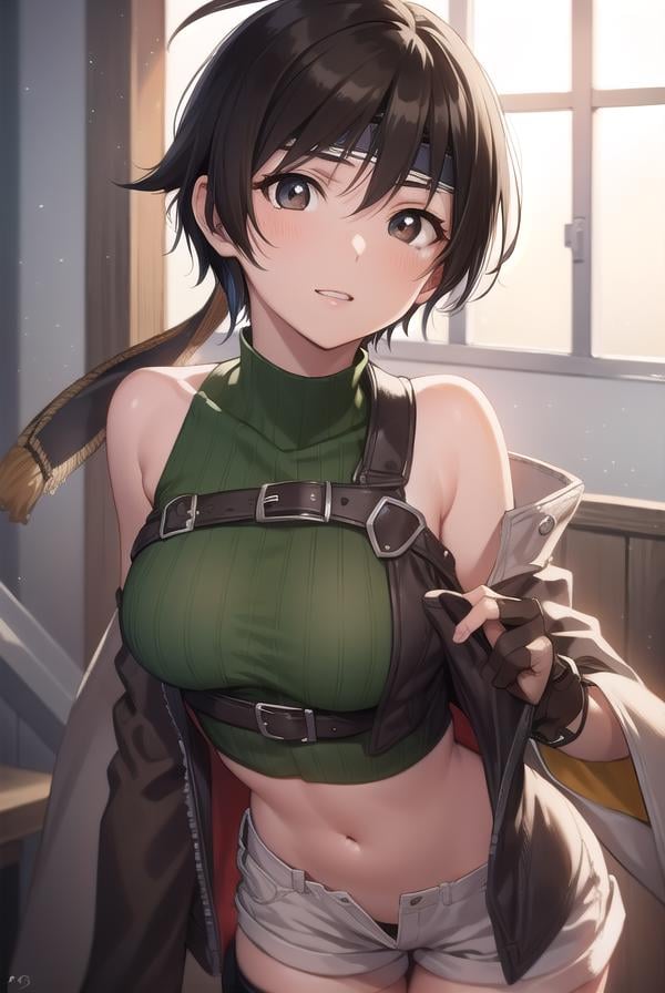 yuffiekisaragi, <lora:yuffie kisaragi v2-lora-nochekaiser:1>, yuffie kisaragi, (black hair:1.5), (brown eyes:1.7), short hair, pixie cut,BREAK crop top, fingerless gloves, fishnet thighhighs, fishnets, forehead protector, gloves, headband, navel, short shorts, shorts, single sleeve, single thighhigh, sleeveless, sleeveless turtleneck, thighhighs, turtleneck,BREAK cowboy shot, looking at viewer, BREAK indoors,BREAK <lyco:GoodHands-beta2:1>, (masterpiece:1.2), best quality, high resolution, unity 8k wallpaper, (illustration:0.8), (beautiful detailed eyes:1.6), extremely detailed face, perfect lighting, extremely detailed CG, (perfect hands, perfect anatomy),