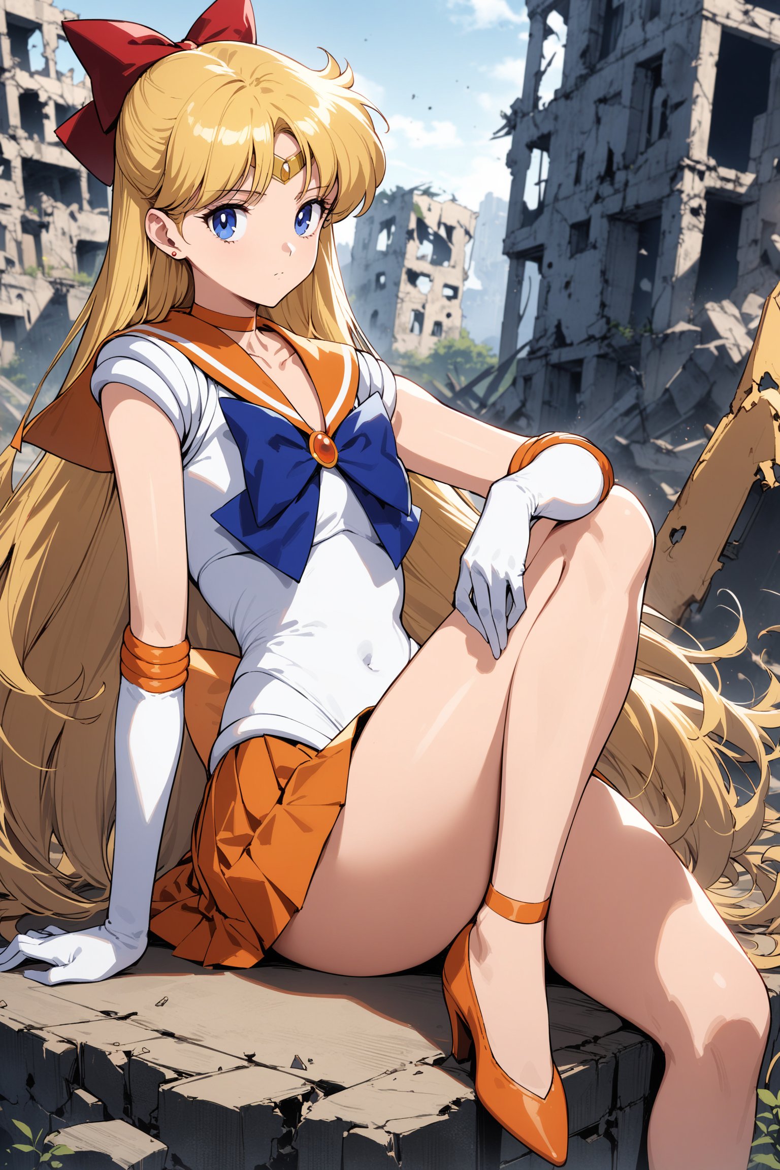 masterpiece, best quality, very aesthetic, absurdres, aavenus, long hair, blonde hair, hair bow, tiara, blue eyes, earrings, orange choker, collarbone, orange sailor collar, blue bowtie, white shirt, white leotard, elbow gloves, white gloves, pleated skirt, orange skirt,  <lora:sailor_venus_XL_v1(anima):0.9>, ruin,  expressionless, sitting, knee up, high heels, 