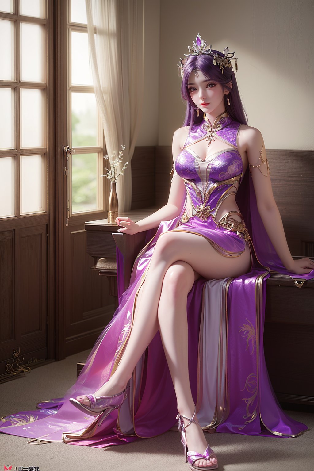 wanmei\(yunxi\),chinese dress,1girl,solo,full body,crossed legs,otaku room,<lora:yunxi_v3:0.6>,