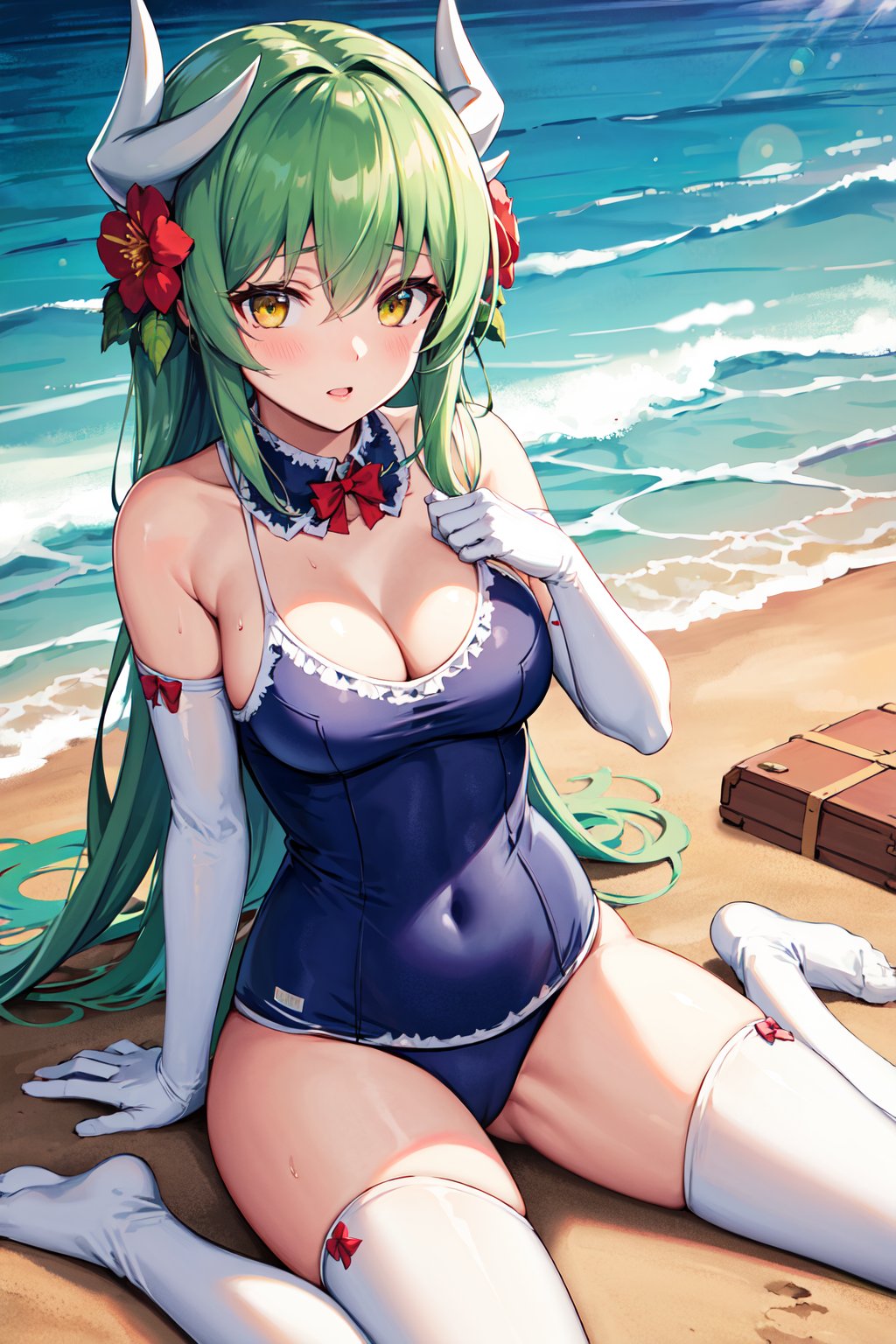 masterpiece, best quality, highres, bbkiyo, long hair, green hair, white horns, hair flower, yellow eyes, detached collar, cleavage, school swimsuit, blue one-piece swimsuit, elbow gloves, white gloves, white bow, <lora:kiyohime_(lancer)_v1:0.7>, beach, wariza, sunlight, 