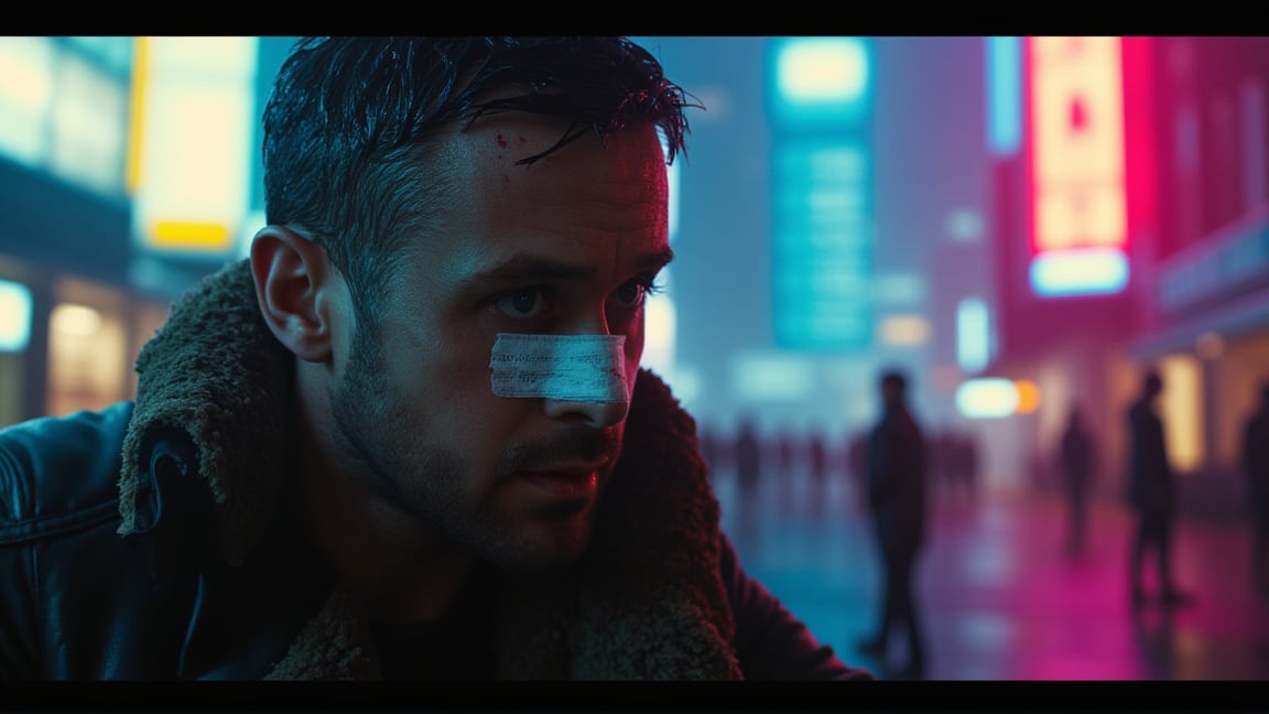 cyberpunk cityscape  <lora:BR49:1> BR49, photo of a man with a bandage over his nose, he looks depressed and beaten up with bruises . neon lights, dark alleys, skyscrapers, futuristic, vibrant colors, high contrast, highly detailed