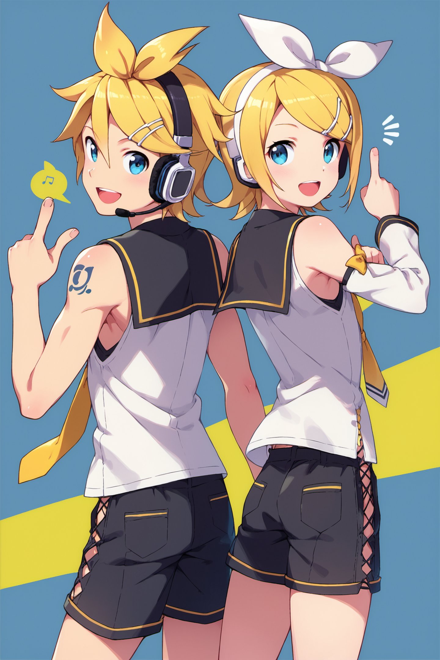 kagamine rin,1girl,kagamine len,1boy,blonde hair,smile,siblings,hair ornament,headset,twins,blue eyes,brother and sister,hairclip,open mouth,short hair,detached sleeves,headphones,thumbs up,sailor collar,necktie,shorts,looking at viewer,ribbon,tattoo,hair bow,yellow necktie,hair ribbon,bow,back-to-back,score_9,score_8_up,<lora:Kanzaki Hiro_XL_PONY:0.9>,